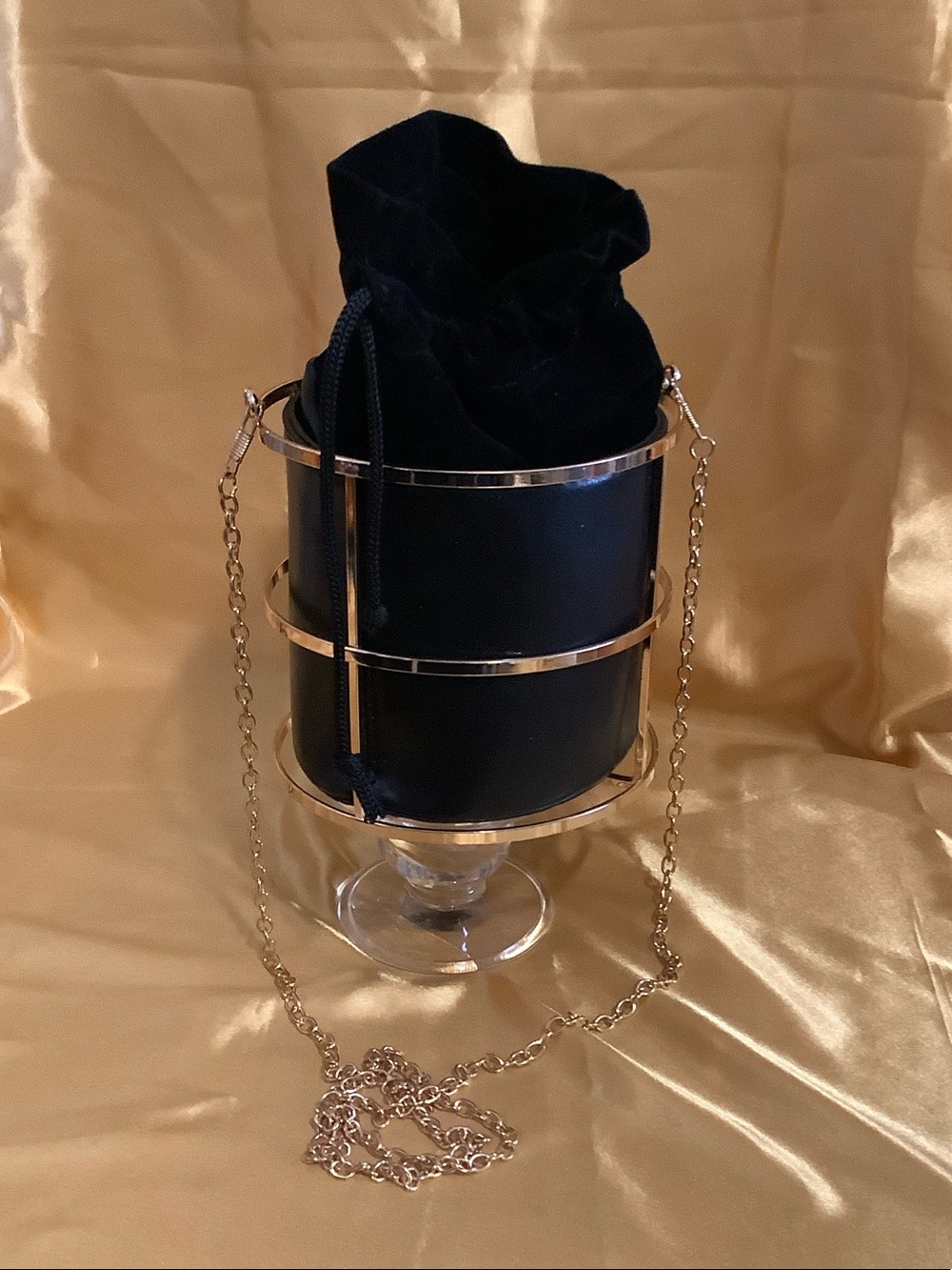 Black Velvet Drawstring Crossbody with Gold Frame and Chain